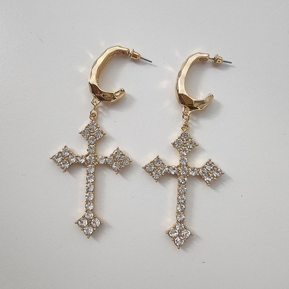 NEW Golden Embellished Statement Cross Hoop Earrings - Picture 3 of 8